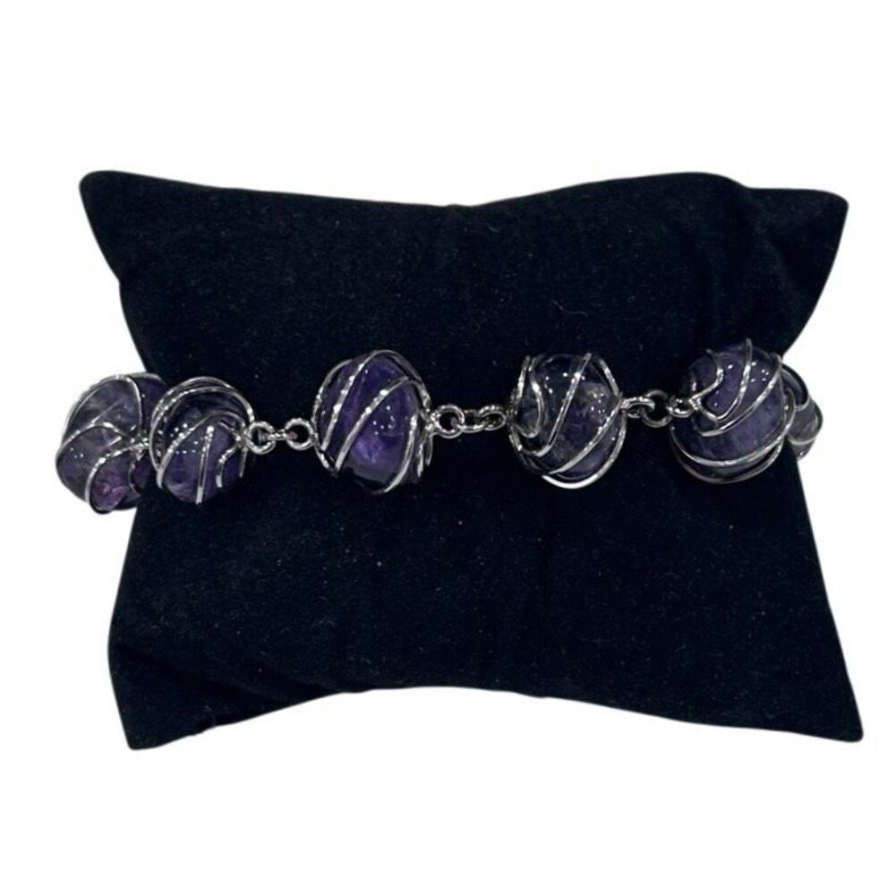 Vintage Sterling Silver Wire-wrapped Gemstone Bracelet Size 7 Purple Amethyst
